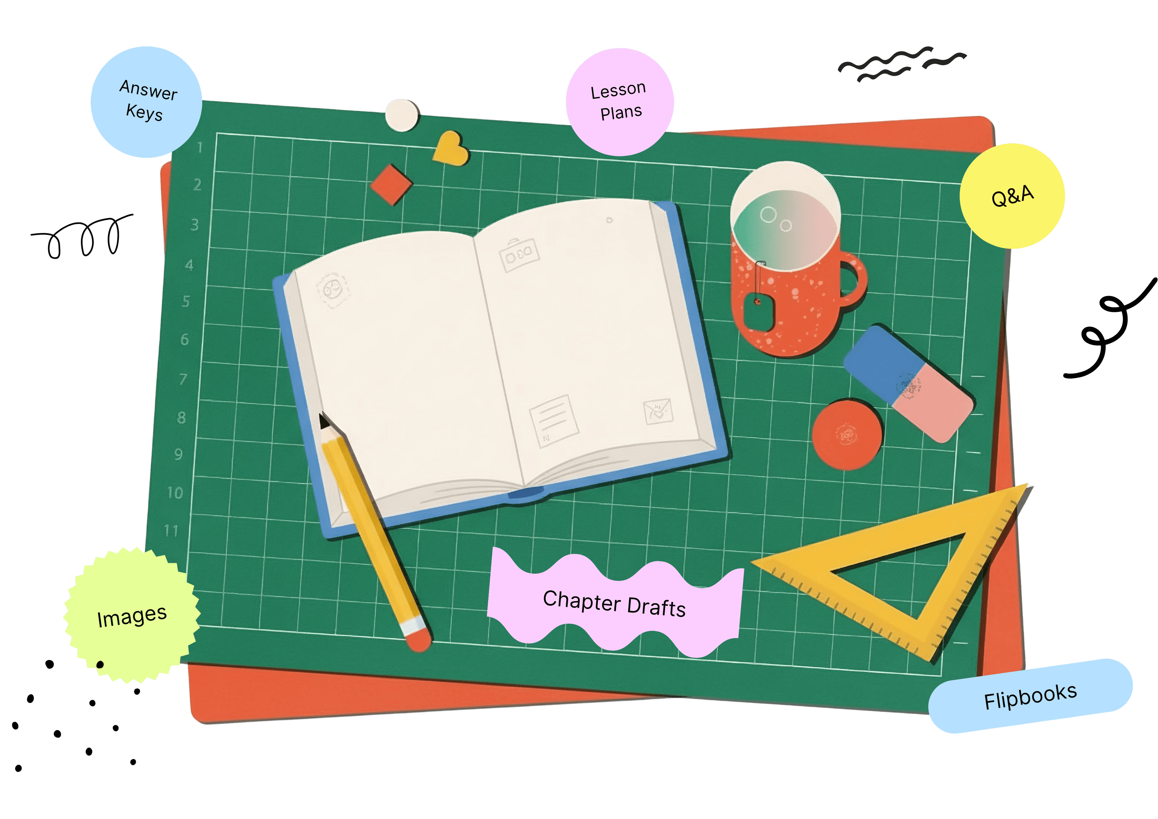 Creative workspace with textbook resources